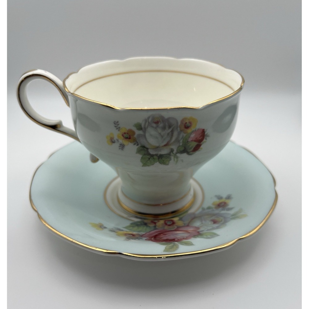 Paragon Double Warrant Fine Bone China Teacup Saucer Blue Pink Rose England - Picture 3 of 16